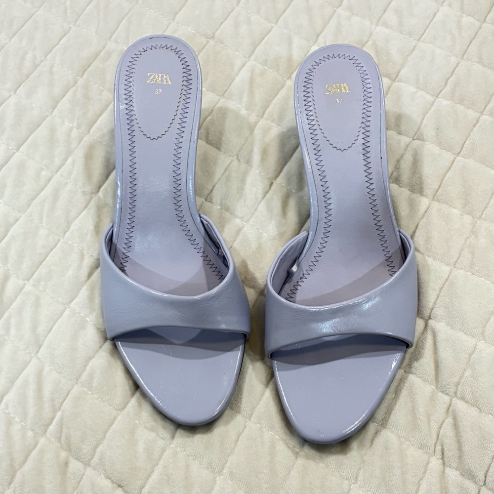 Zara Lilac Patent Kitten Heel Mules Lavender Light Purple Slide Sandal 37 - Picture 2 of 6